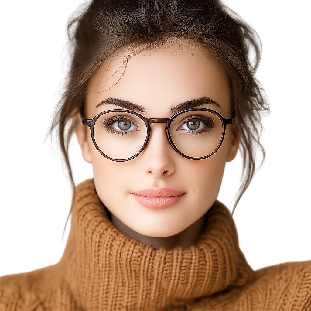 Patient wearing round prescription frames after a comprehensive 30-minute eye exam at Vision Looky.